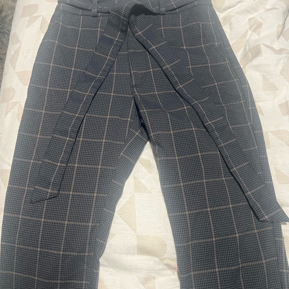 Abercrombie Plaid High-Waist Tie Front Trousers - Grey with Brown Windowpane